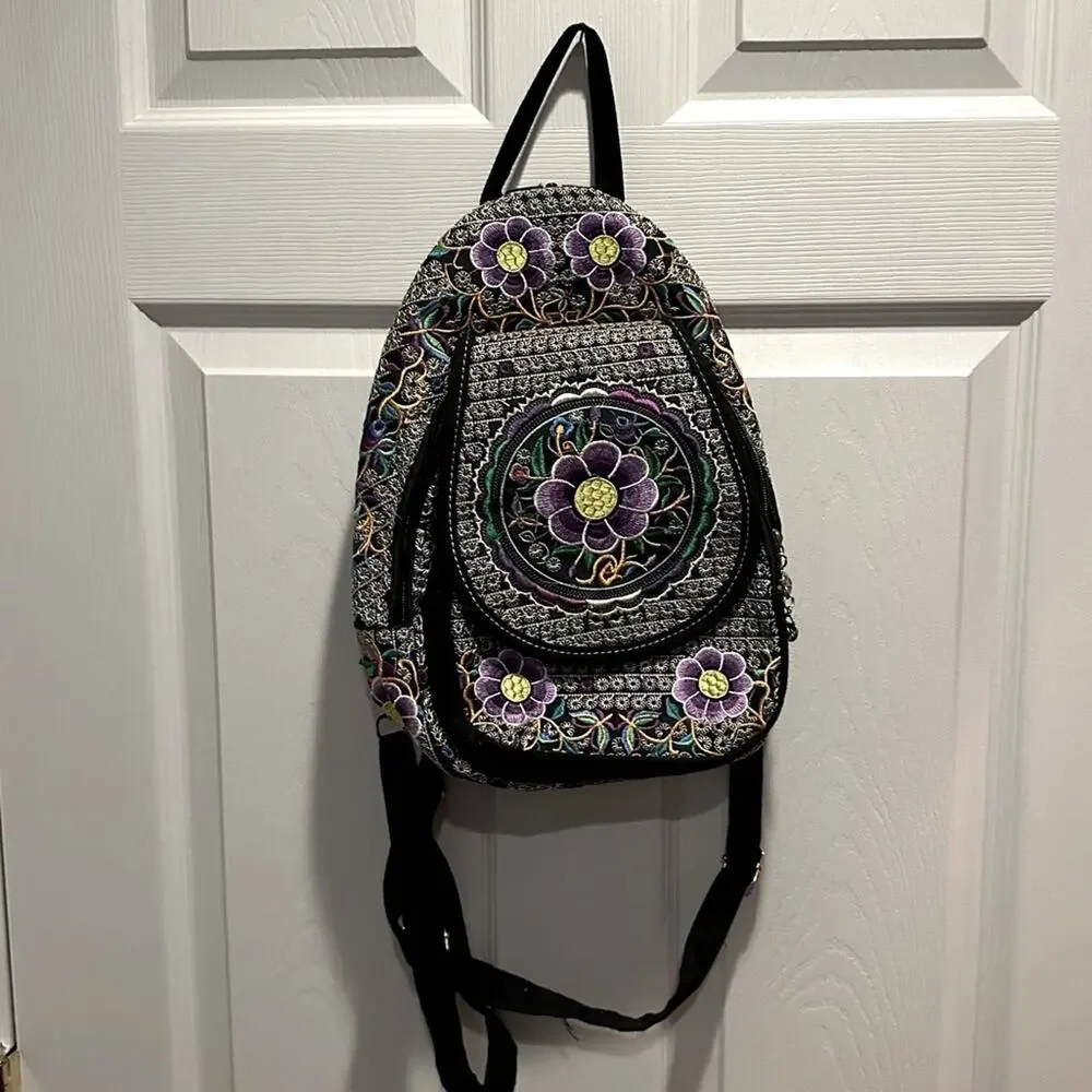 Floral Embroided Backpack Boho Bohemian Black Purple Mexican